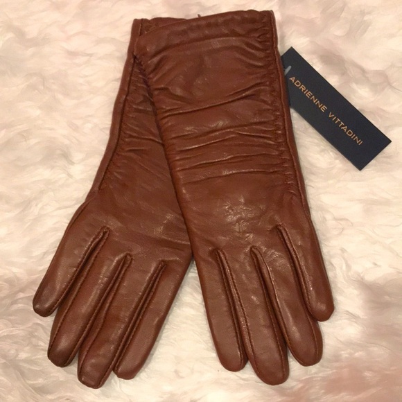 Brand New Adrienne Vittadini Genuine Leather Brown Ruched Gloves - Picture 1 of 11